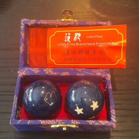 Lotus Pond Brand metal enamel hand exercise balls. Woven fabric box. Like new. - Picture 2 of 8